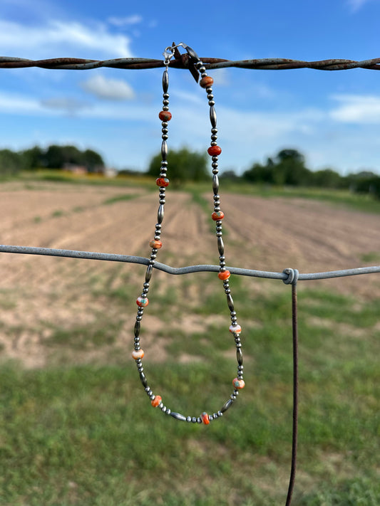 Orange & red spiny with turquoise inlay bead with torpedo & sterling silver beads