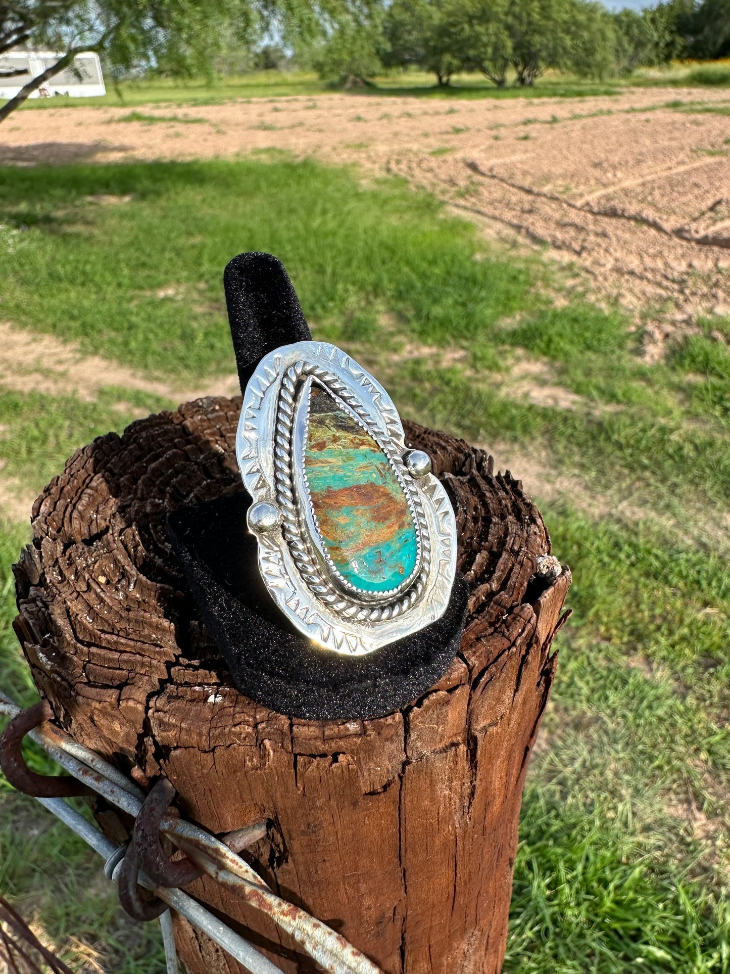 Turquoise ring with stamp work size 8