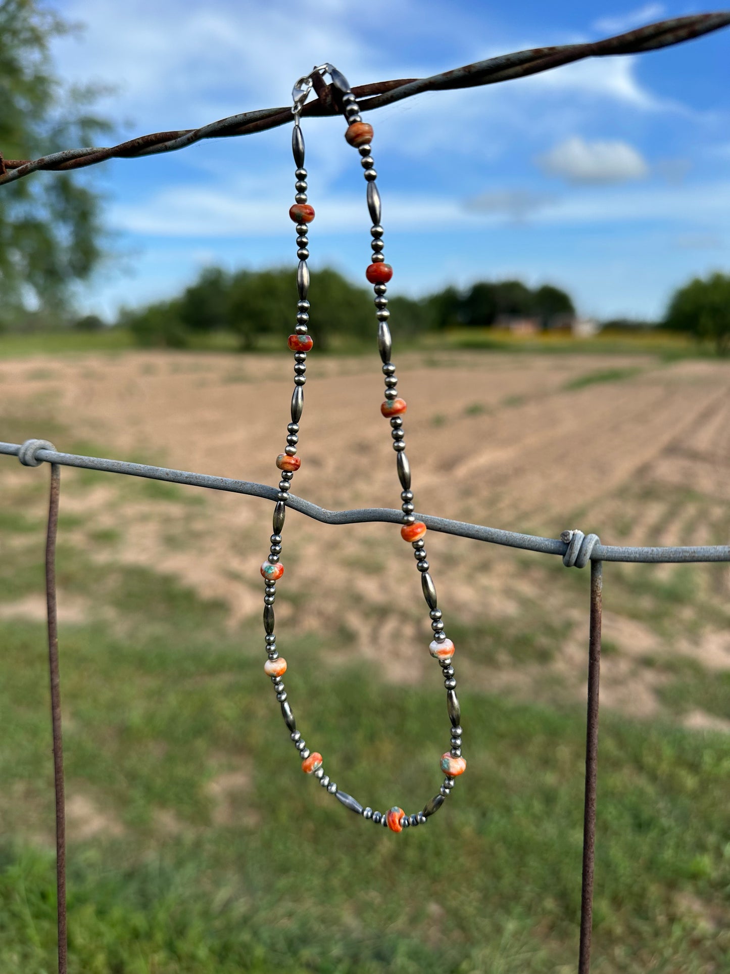 Orange & red spiny with turquoise inlay bead with torpedo & sterling silver beads 16inch