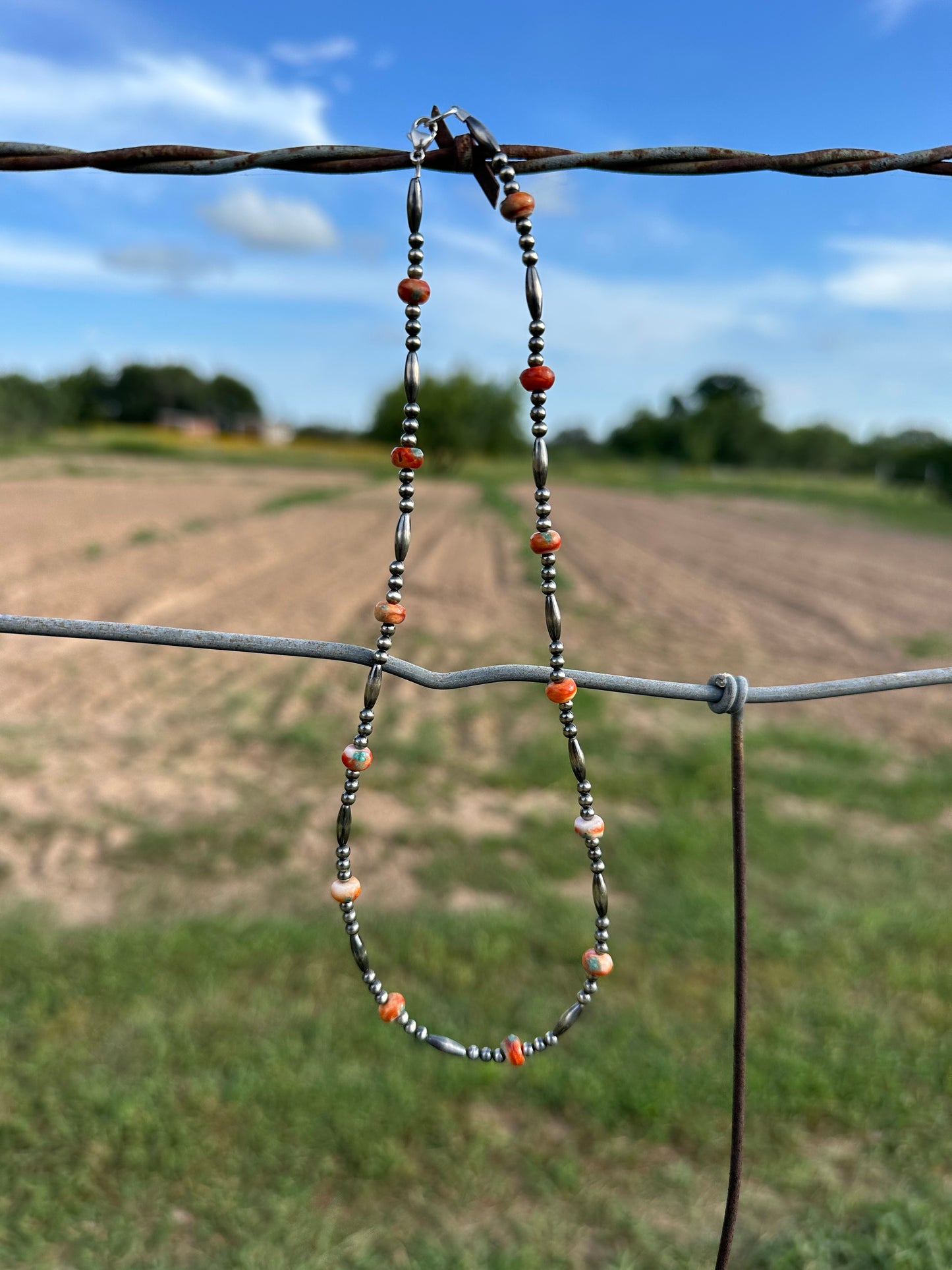 Orange & red spiny with turquoise inlay bead with torpedo & sterling silver beads 16inch